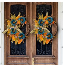 Thanksgiving Blue Sunflower Wreath Patio Leopard Ribbon Deadwood Door Hanging Decoration Simulated Flower Rattan Wreath Wall Hanging