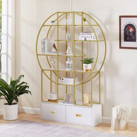 70.8 Inch Round Office Bookcase Bookshelf, Display Shelf, Two Drawers, Gold Frame - as Pic 70.8 Inch Round Office Bookcase Bookshelf, Display Shelf, Two Drawers, Gold Frame - as Pic