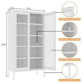 Metal locker with screen door, wine cabinet with adjustable shelf, suitable for kitchen, living room, home office,white