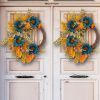 Thanksgiving Blue Sunflower Wreath Patio Leopard Ribbon Deadwood Door Hanging Decoration Simulated Flower Rattan Wreath Wall Hanging