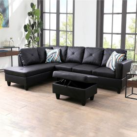 Black Faux Leather 3-Piece Couch Living Room Sofa Set A (Color: Black)