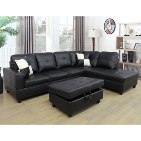 Black Faux Leather 3-Piece Couch Living Room Sofa Set B (Color: as Pic)